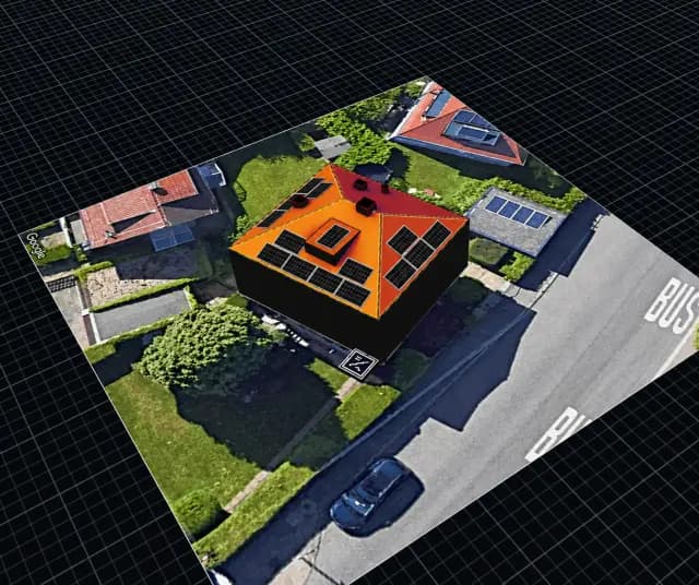 Aerial 3D site model with solar panels placed across a roof